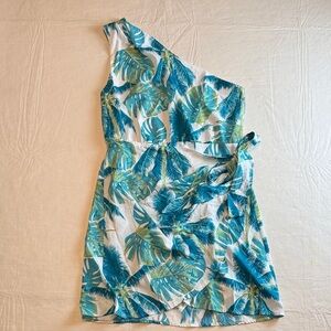 Cupshe Women's Blue Green Tropical Leaf Print One Shoulder Dress Size M NWT